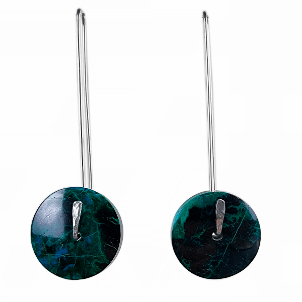 Chrysocolla earrings model orbita with hand-hammered sterling silver pin