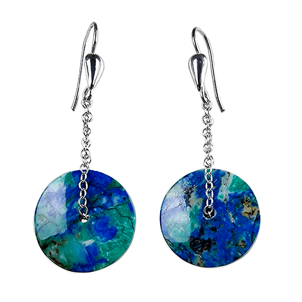 Earrings model orbita 2 made from Azurite discs and sterling silver