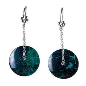 Earrings model orbita 2 made from chrysocolla discs and sterling silver