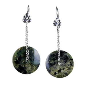 Earrings model orbita 2 made from green jade discs and sterling silver